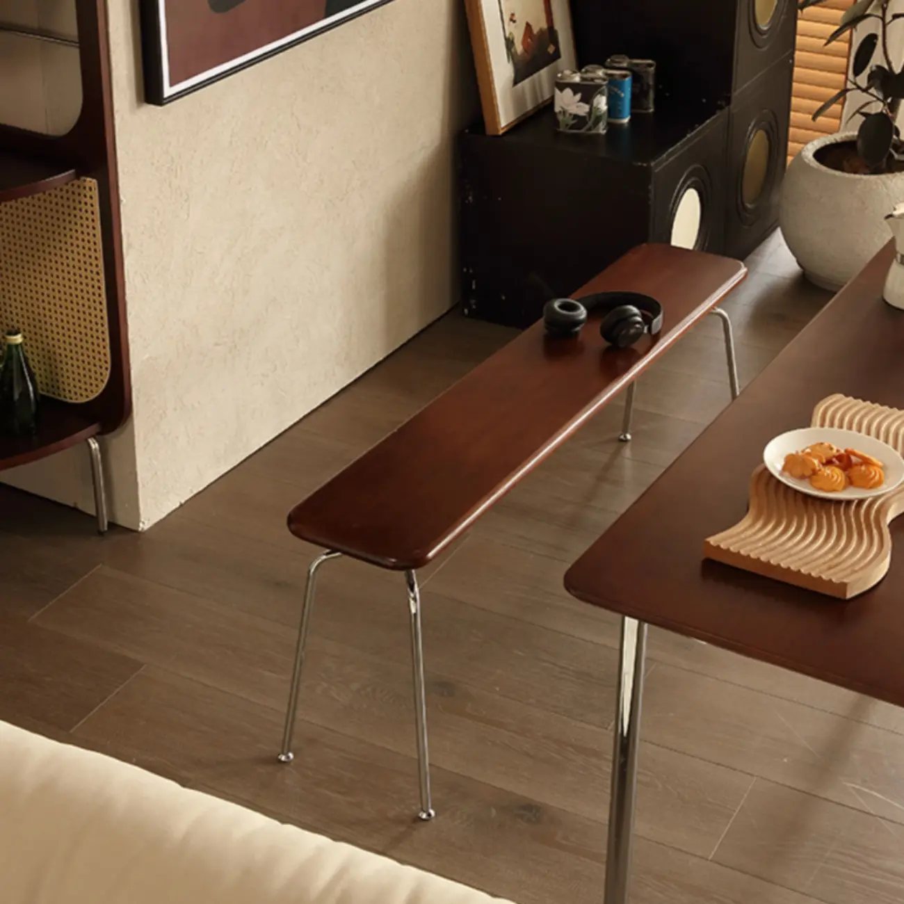 Modern Wood Bedroom Bench with Metal Frame