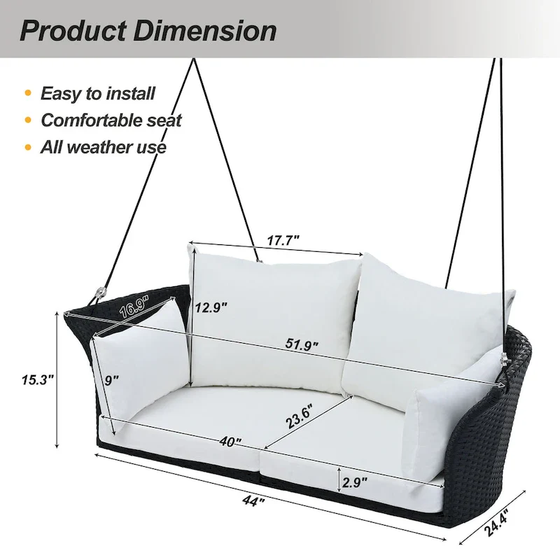 51.9  2-Person Wicker Swing Chair with cushions - N/A