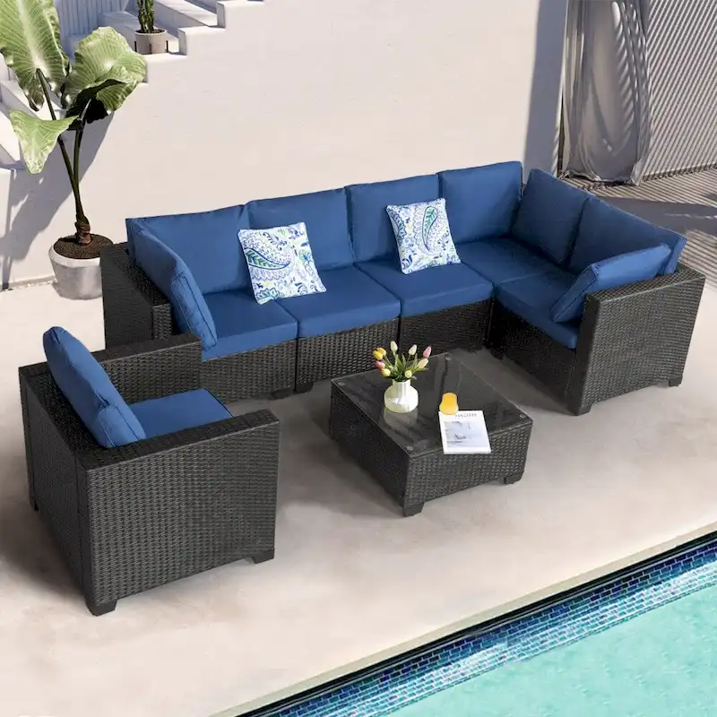 7 Pieces Patio Furniture Sets with Blue Cushions and Coffee Table