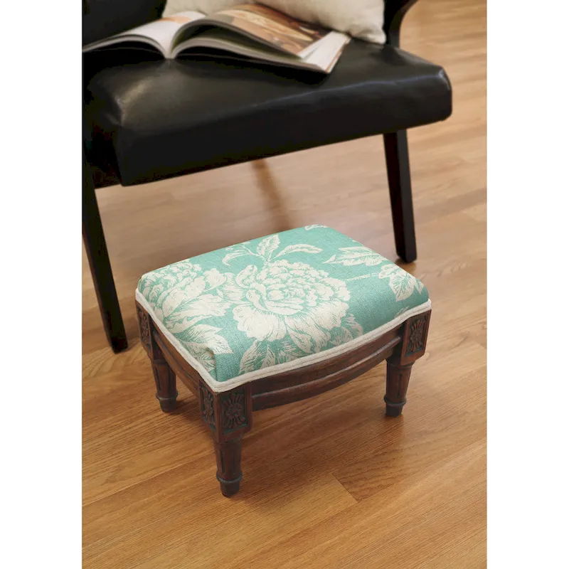 Aqua Floral Footstool, Single Seat, Wood Stain Finish