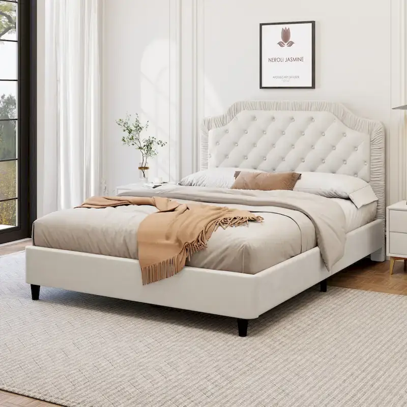 Grey/White Velvet Tufted Platform Bed, Full Size, 2-Person