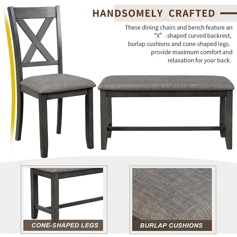 6-Piece Wooden Kitchen Dining Table Set with 4 Chairs and Bench