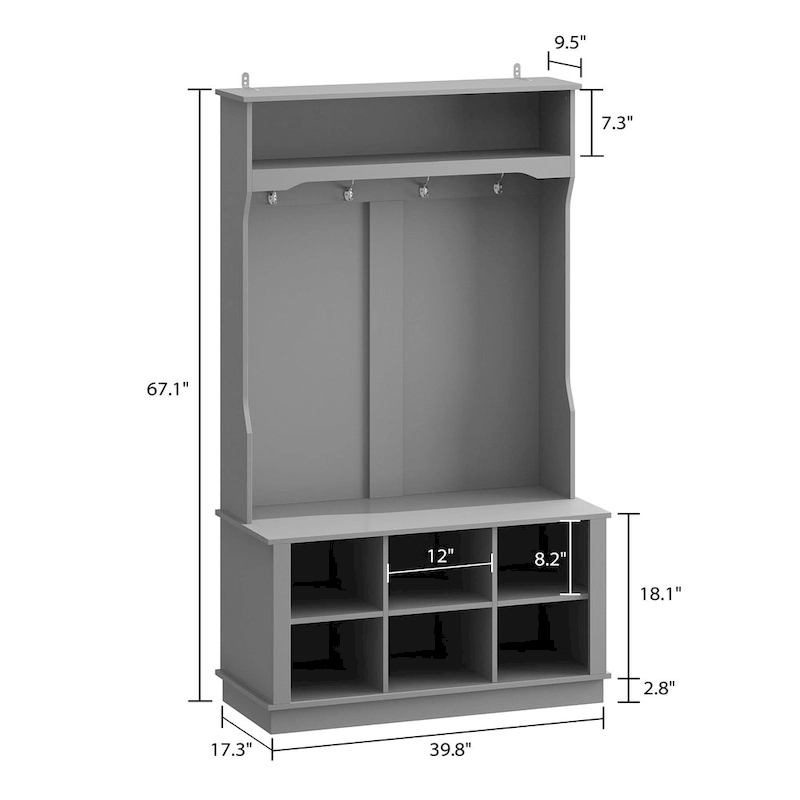 Cubby Wide Hall Tree With Bench Coat Hook 17.3  D x 39.8  W x 67.1  H