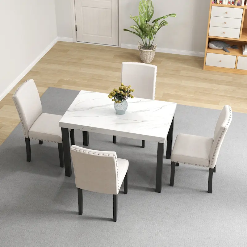 White Faux Marble Top 5-Piece Dining Set, Natural Wood Legs, Seats 4