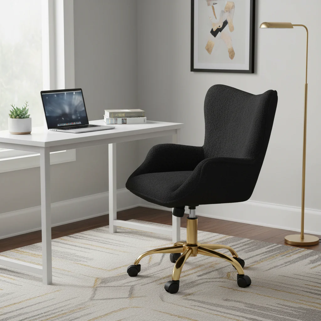 Swivel Office Chair with Teddy Fabric and Gold Chrome Legs