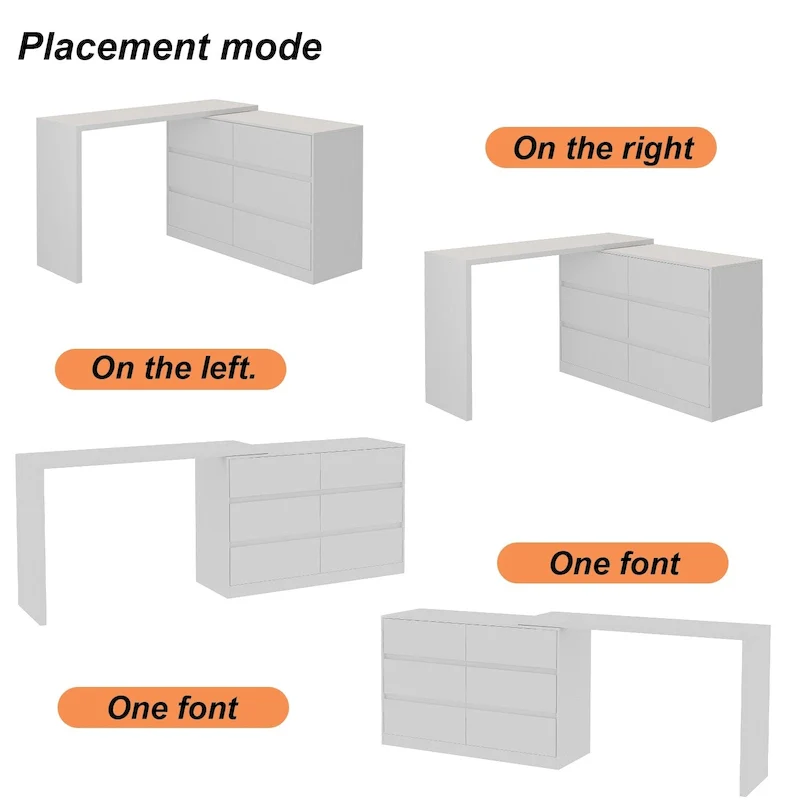 White/Black 6-Drawer Rotating Dresser & Desk Combo, 1-Person