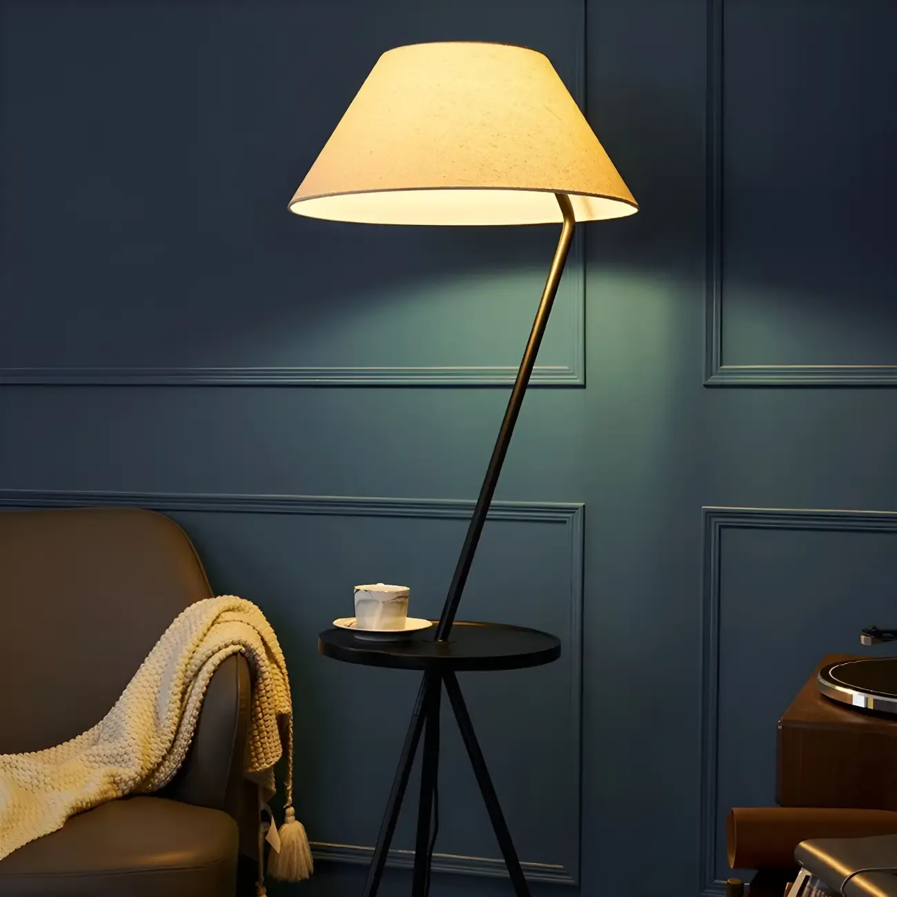 Black Metal Modern Tripod Floor Lamp with Coffee Table