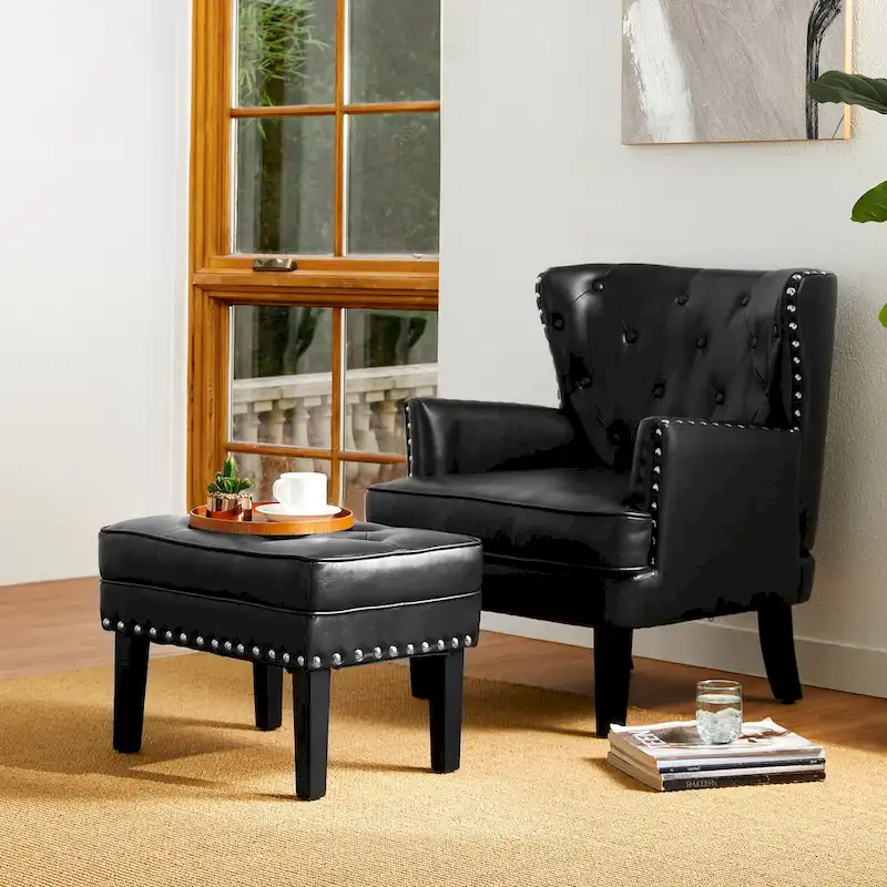 Glitzhome Set of 2 22W Leatherette Button-tufted Foot Stools Ottomans