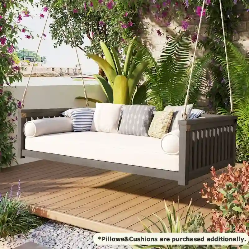 Patio Minimalist Twin Size Garden Swing Bed Wood Porch Swing with Ropes for Backyard