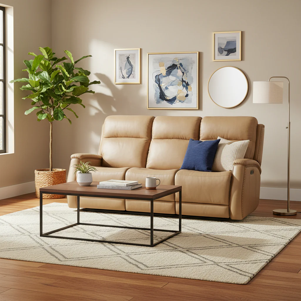 Sahara Sand / Ash Leather Power Recliner Sofa with USB Port & Brass Nailhead Trim – 3-Seat