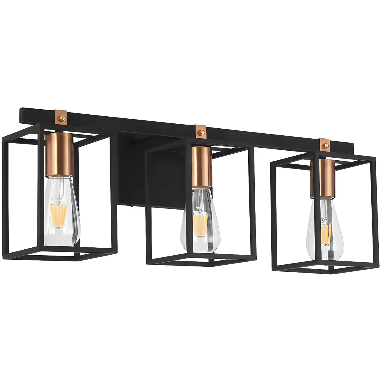 3-Light Linear Cube Black Iron Caged Vanity Light