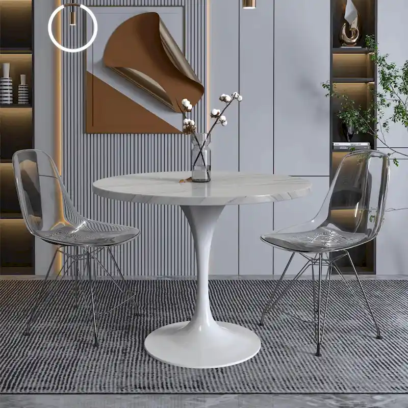 Verve Dining Table with a 36  Round Tabletop in White Steel Pedestal