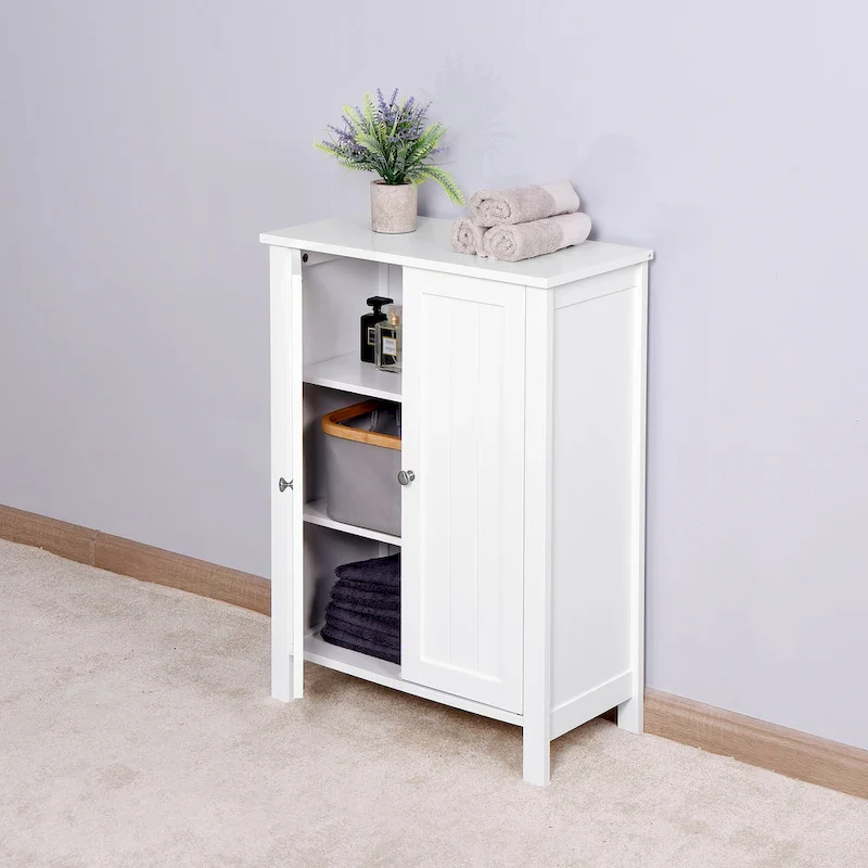 White Double-Door Floor Storage Cabinet, Adjustable Shelf, 1-Person Assembly