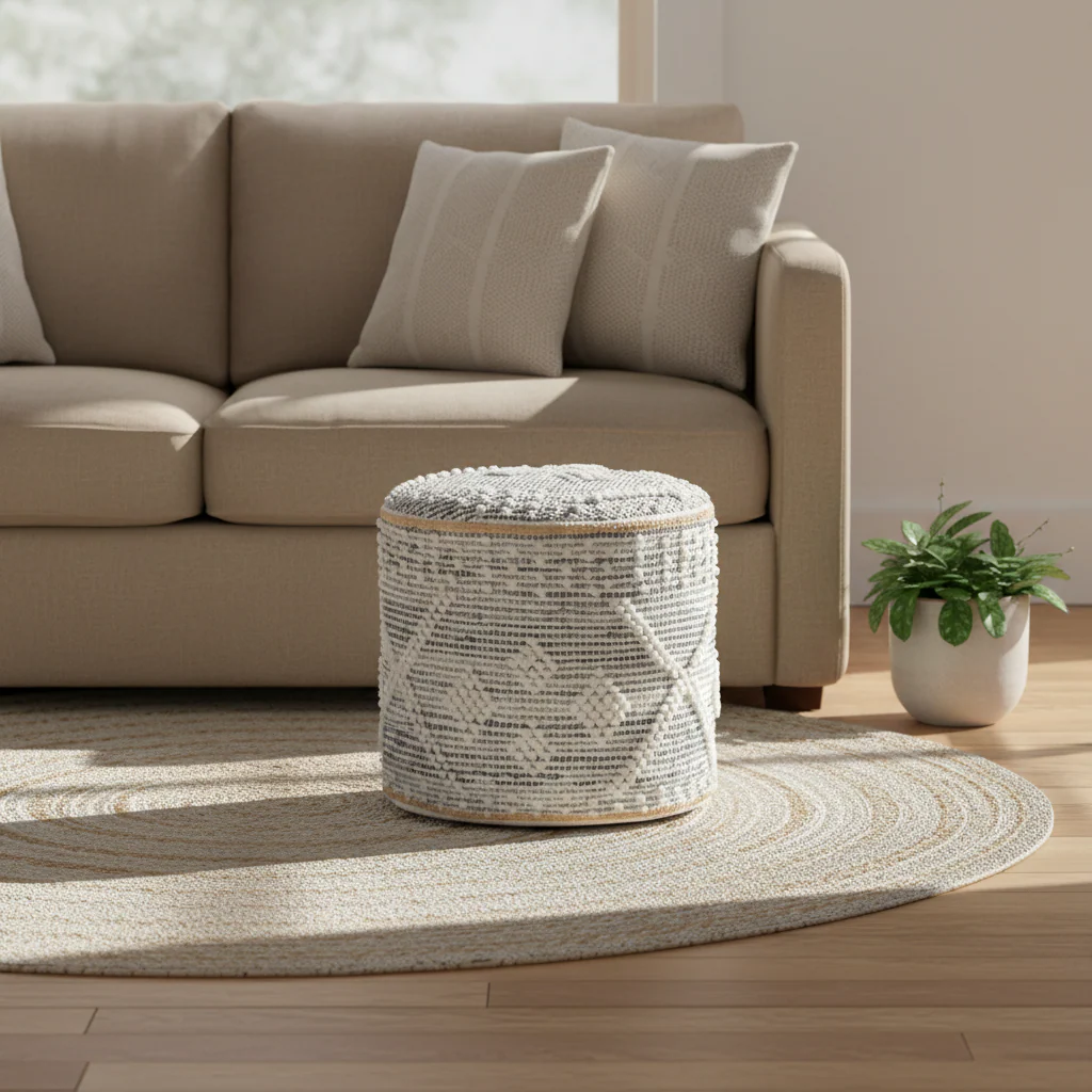 White Bohemian Braided Cylinder Pouf Ottoman – Denim, Jute and Polyester Mix – 1 Person