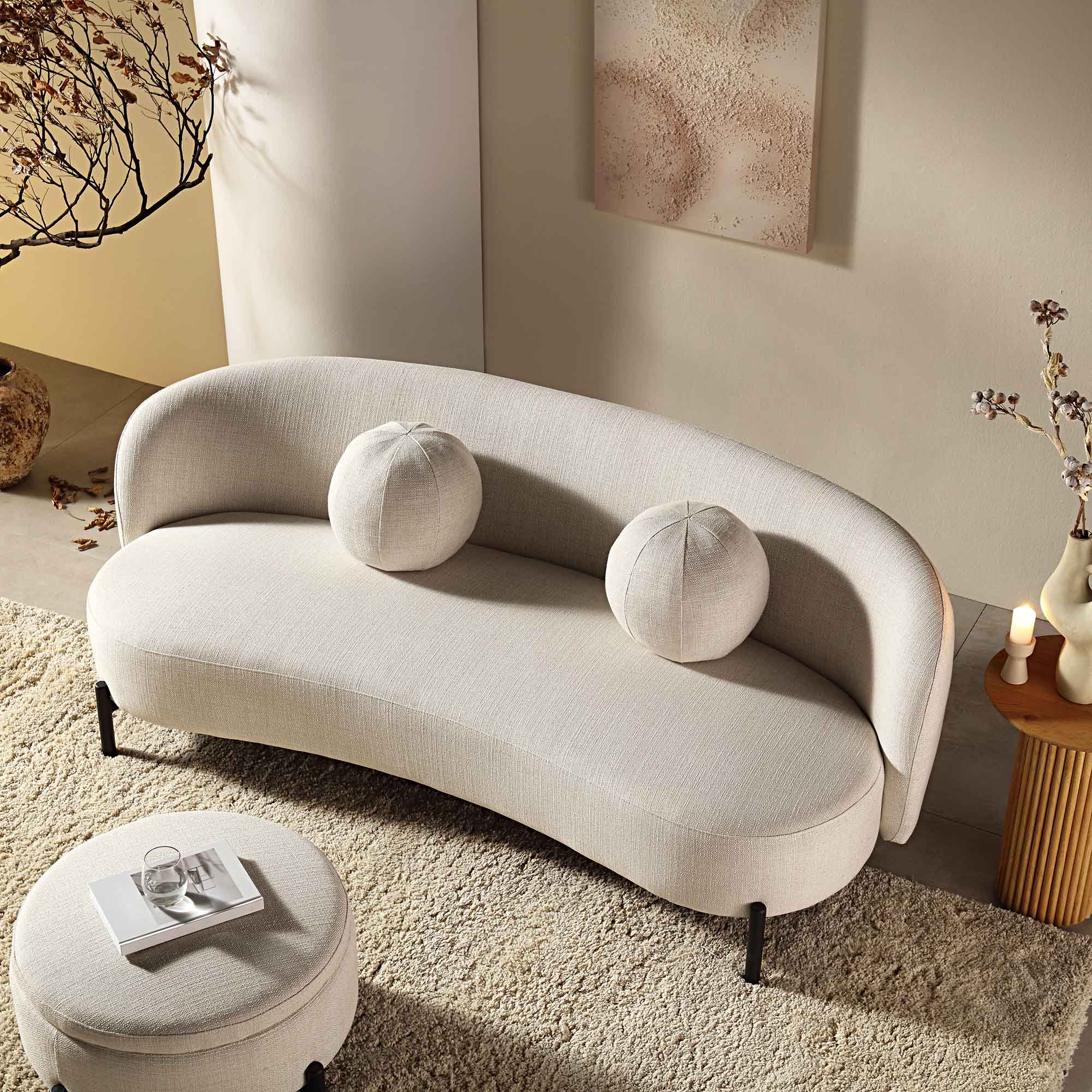 3-Seater Curved Sofa with Ball Cushions, Beige Linen Blend
