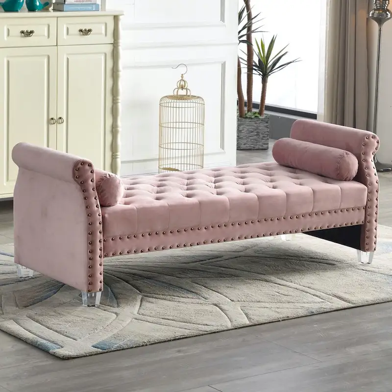 Blue / Velvet Rolled Arm Tufted Bench with Acrylic Legs, Seats 2–3, 71