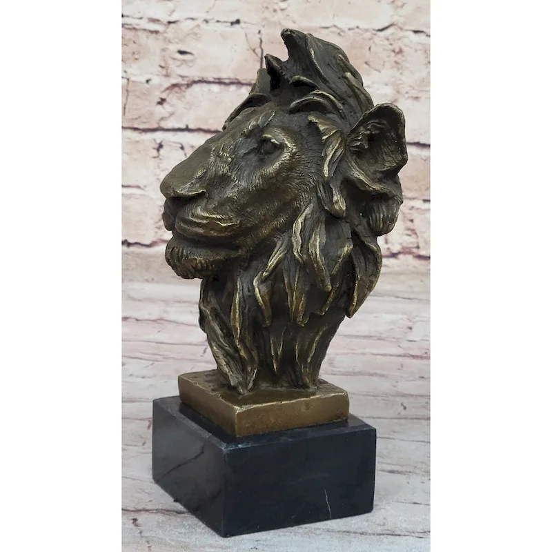 Male Lion Bronze Bust Statue Sculpture Figure On Black Marble Base Signed Barye 9 Inches X 4 Inches