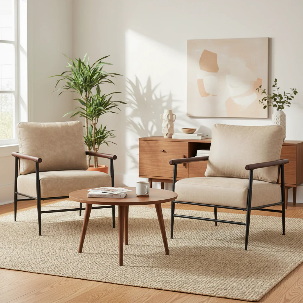 Set of 2 Modern Accent Chairs, Armchair with Upholstered Cushion, Leathaire Fabric Lounge Chairs for Living Room 4748