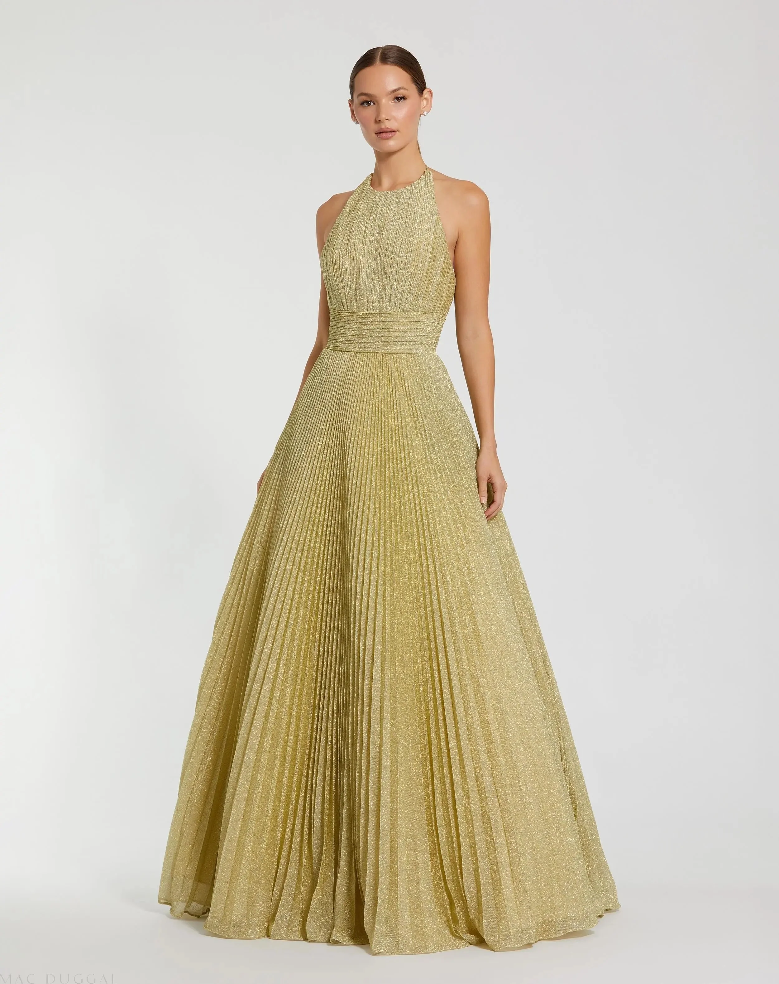 Gold Shimmering Pleated High Neck Ballgown