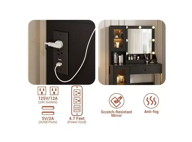 Makeup Vanity Desk with Mirror and Lights, Vanity Table with Charging Station, RGB Lights Wood Dressing Table for Bedroom, for Girls