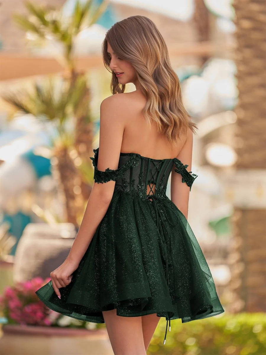 Dark Green - A Line Off the Shoulder Lace Corset Sequined Homecoming Dresses
