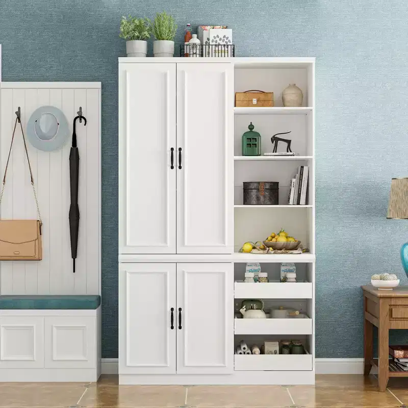 Famapy White Kitchen Cabinet Storage Cabinet: Adjustable Shelves, Mixed Storage, Space - Saving Design Pantry