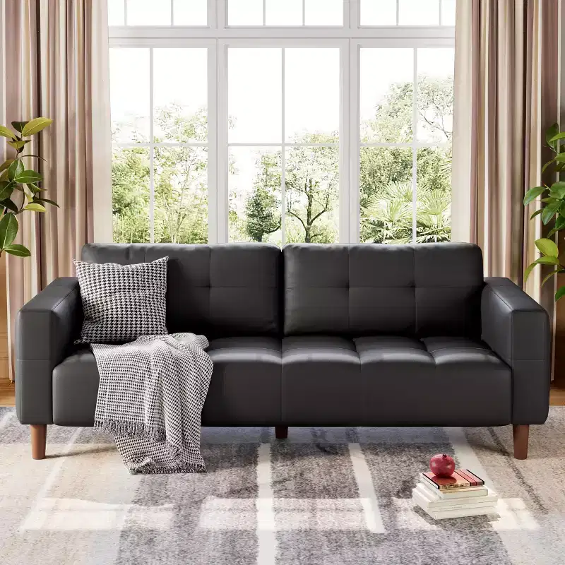 Modern 3-Seater Sofa and 2 Removable Back Cushions for Living Room,Faux Leather Sofa Couch with Spring Cushion, Easy Assembly for Small Spaces