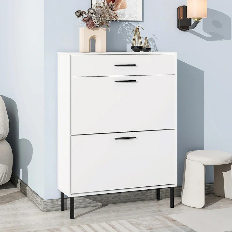 Freestanding Shoe Cabinet with Drawers, Metal Legs, and Flip Drawers