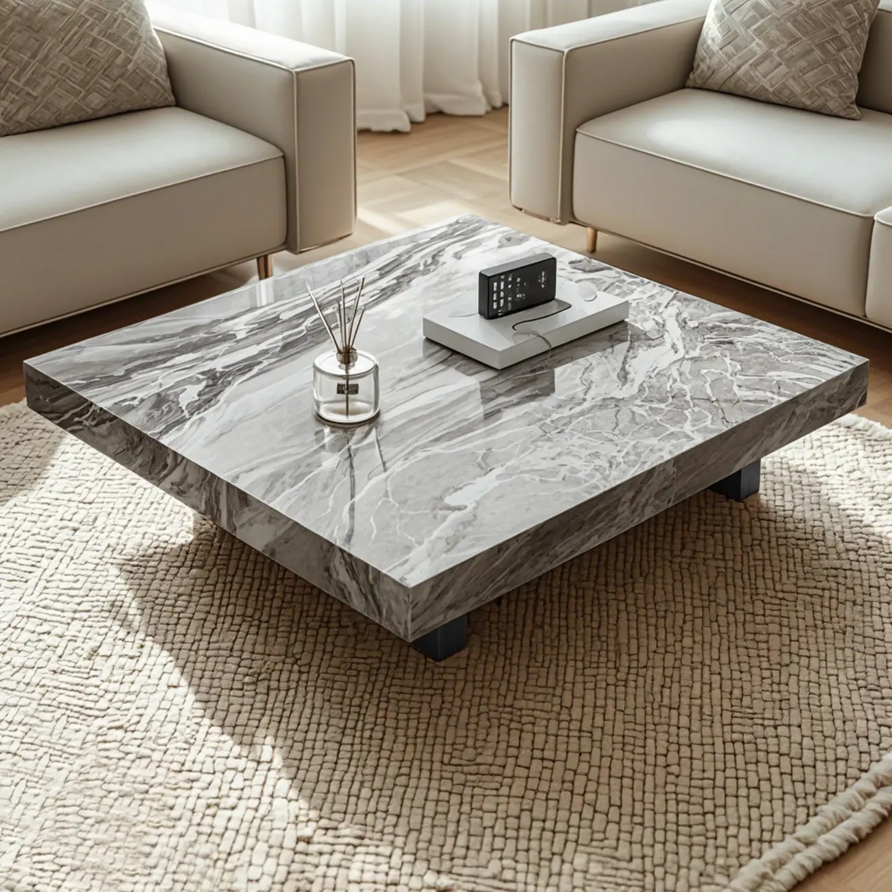 Modern Beige Sintered Stone Square Sleigh Base Coffee Table