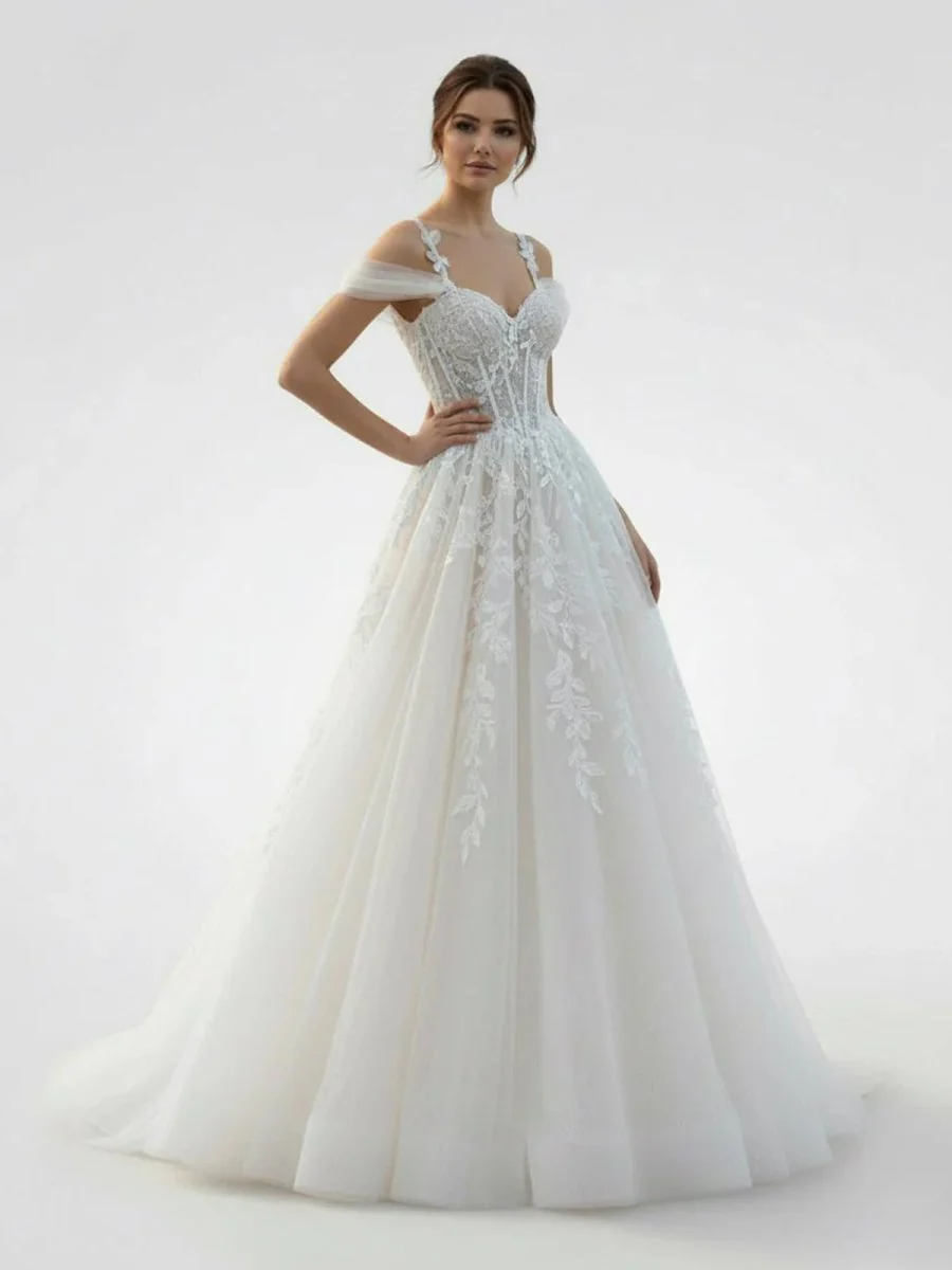 A-Line Off-The-Shoulder Tulle Wedding Dresses With Appliques Lace