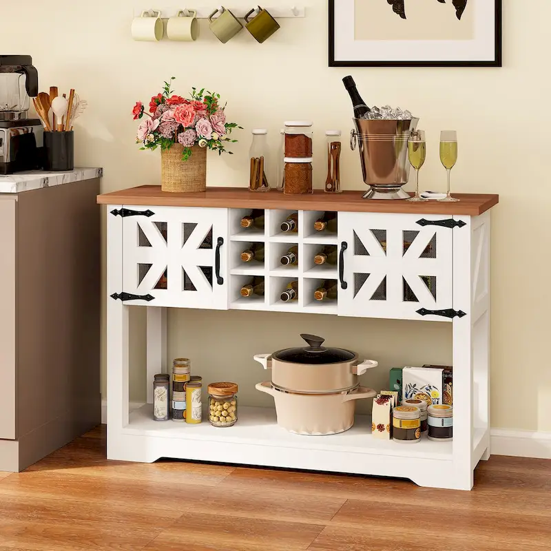 White Distressed Wood Farmhouse Console Buffet Cabinet with 9-Bottle Wine Rack & 2 Doors