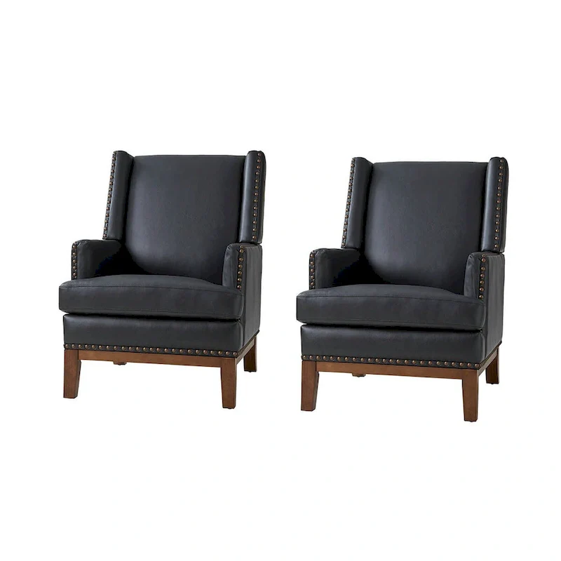 Lourdes Genuine Leather Armchair with Solid Wood Frame and Removable Seat Cushion,Set of 2 by