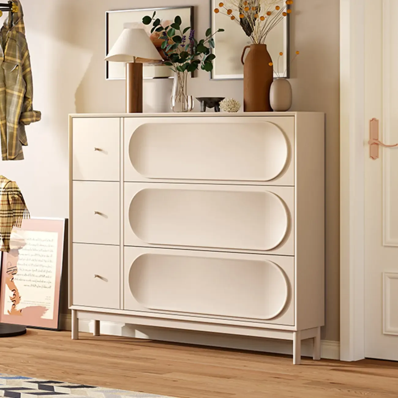 Cream Wooden Drop Front Shoe Cabinet with 3 Drawers
