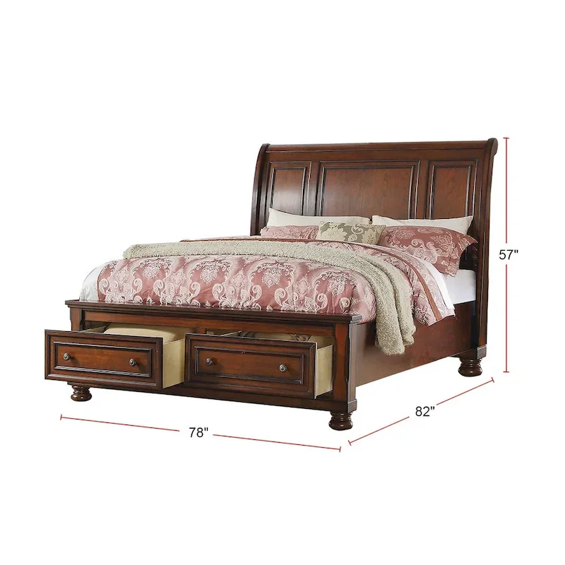 Sleigh Bed With 2 Drawers, Cherry Brown
