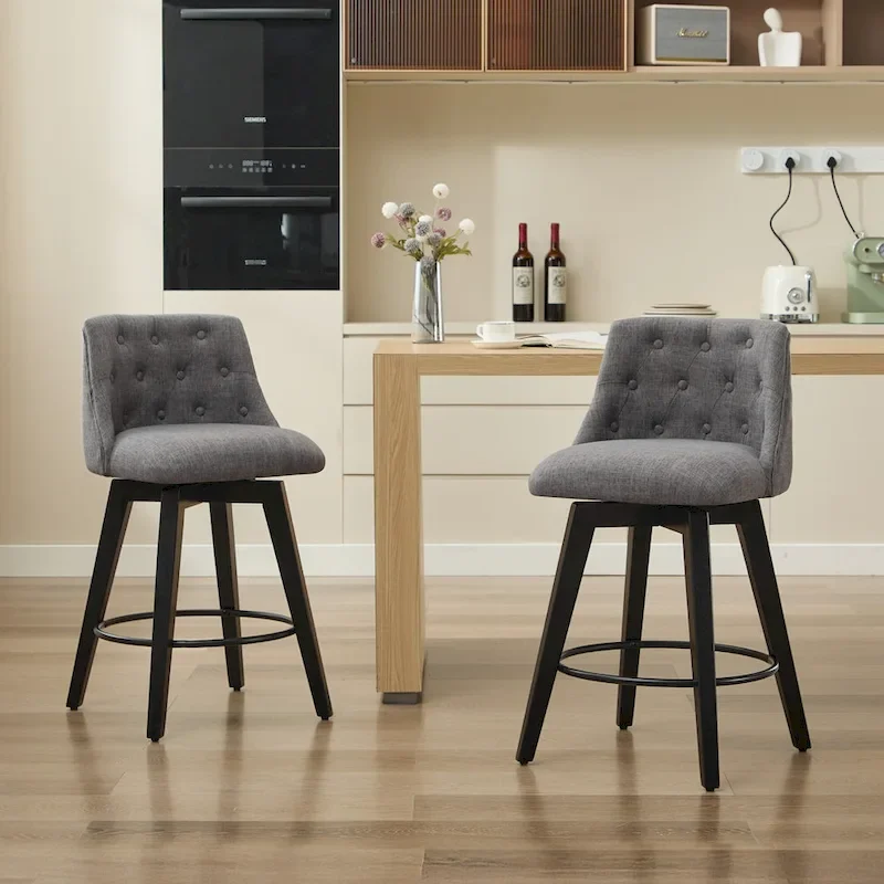 Modern Swivel Linen Upholstery Bar Stools Set of 2, with Button Tufted Back and Solid Wood Frame