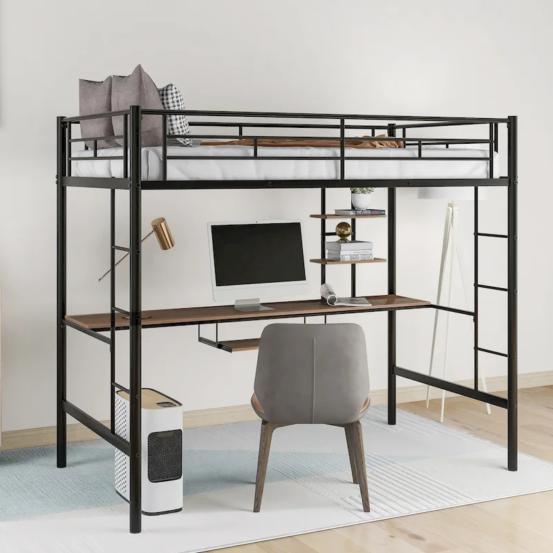 Twin Size Loft Bed with Wood Desk and Shelf