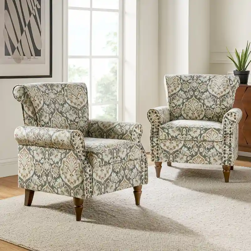 Nyctelius Traditional Polyester Accent Arm Chair with Pattern and Nailhead Trim Set of 2 by HULALA HOME