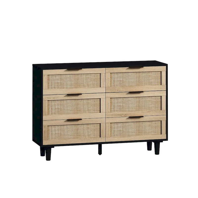 Black Rattan 6-Drawer Storage Cabinet with Gold Pulls