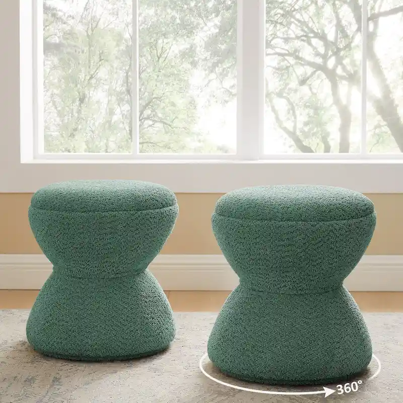 VANOMi Djembe Boucle Upholstered Ottoman with Swivel Base, Pouf, Swivel Vanity Stool for Living Room, Walk-in Closet (Set of 2)