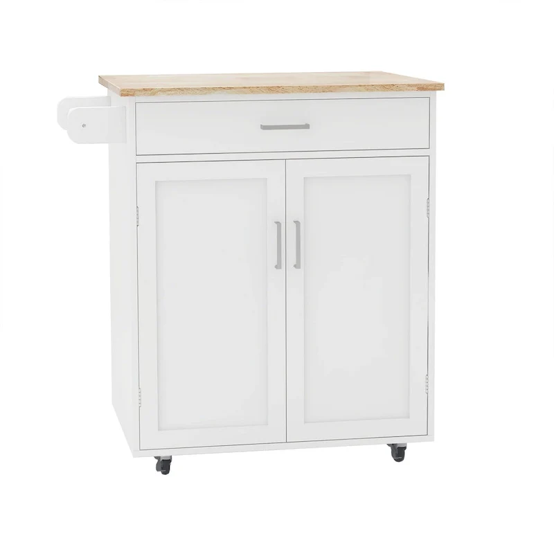 Kitchen Island Cart with Solid Wood Top, Cabinet, Drawers & Locking Wheels