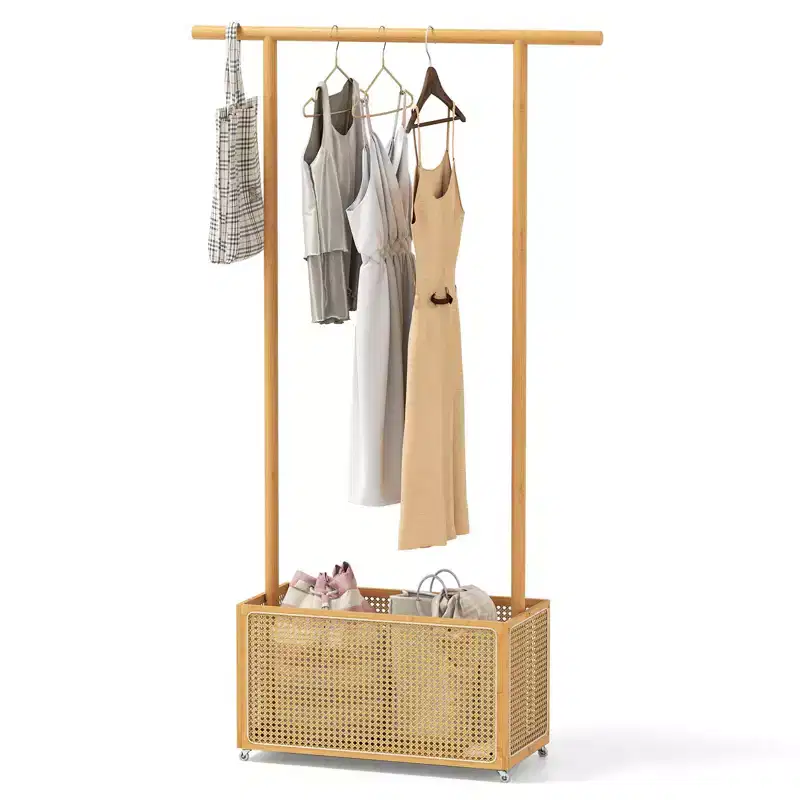 Costway Bamboo Clothes Rack with Rattan Storage Basket & Wheels, Rolling Garment Rack Brown/Beige