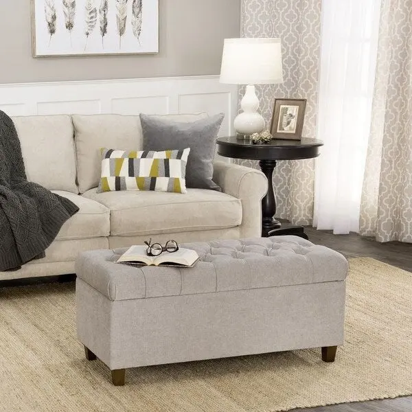 Button Tufted Storage Bench Silver Ash Upholstered Bedroom Entryway