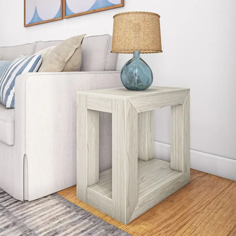 Natural Wood Rectangular Side Table with Bottom Shelf