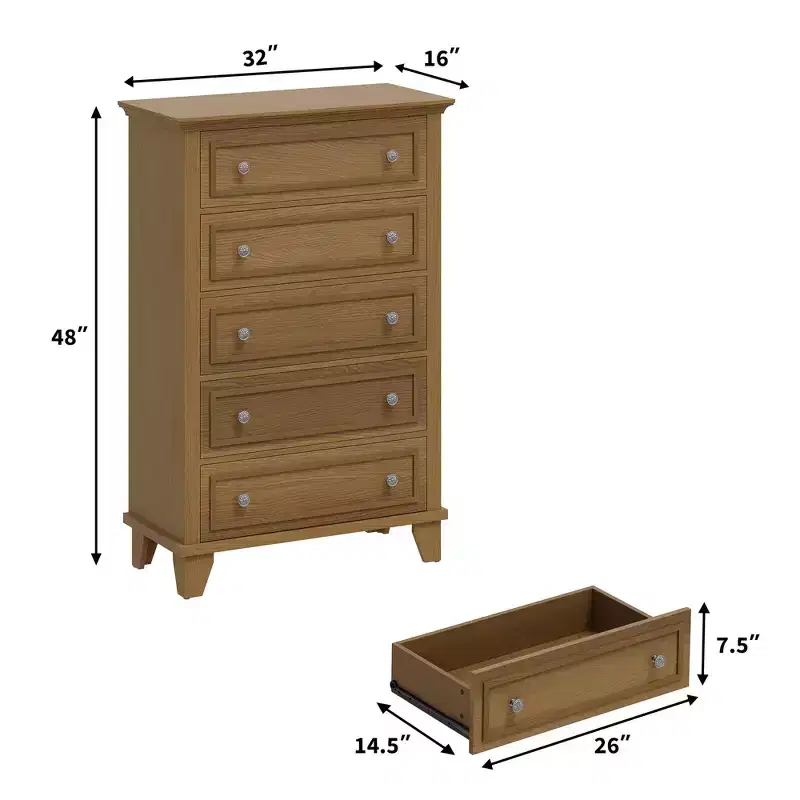 COZONY 48 Tall 5 Drawer Dresser, Brown Wood Dresser with Deep Drawers & Metal Handles for Bedroom Living Room