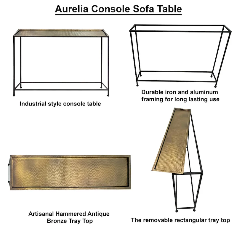 48 Inch Console Sofa Table with Hammered Antique Bronze Tray Top and Black Iron Frame