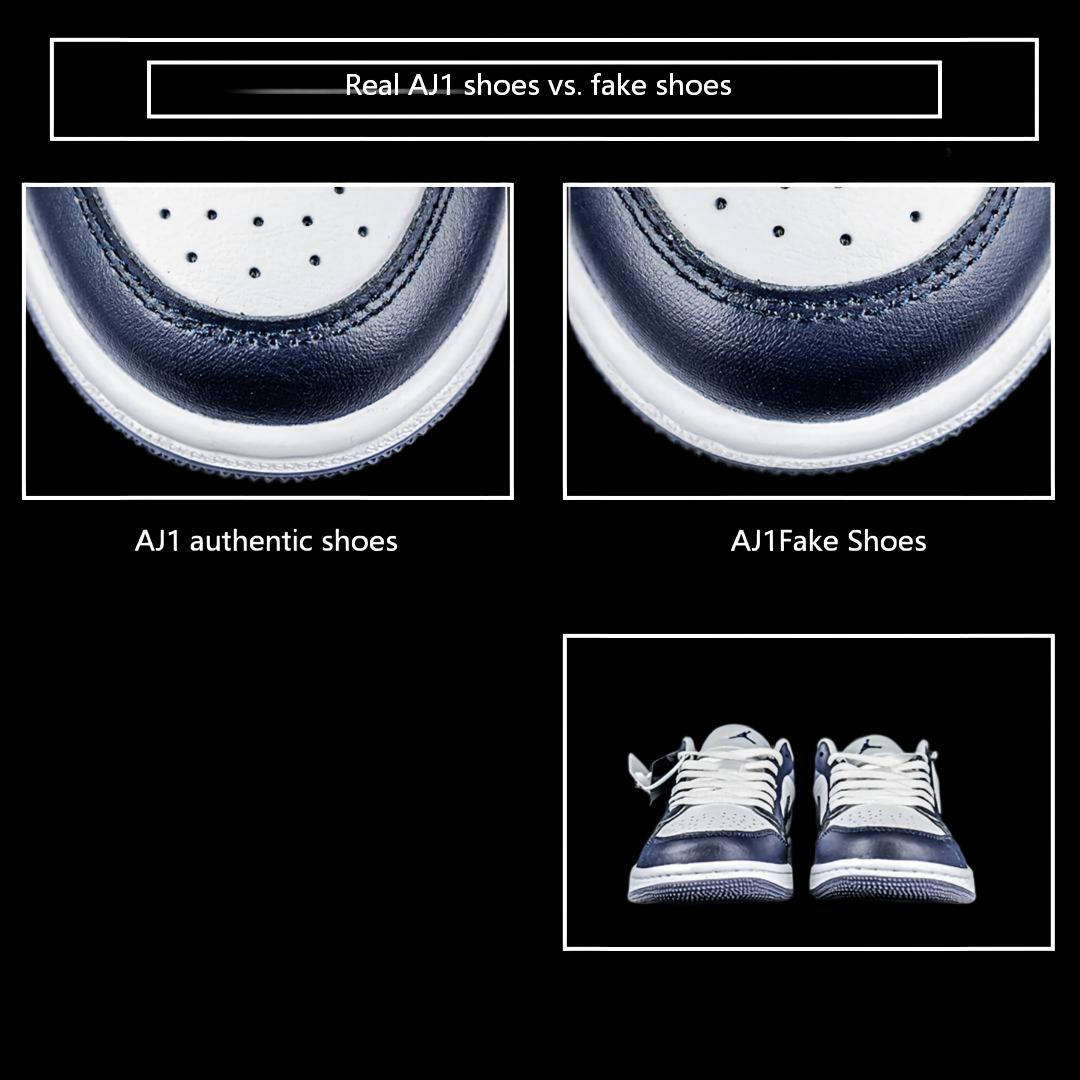 A comparison of the toe material of genuine AJ1 shoes versus fake shoes.