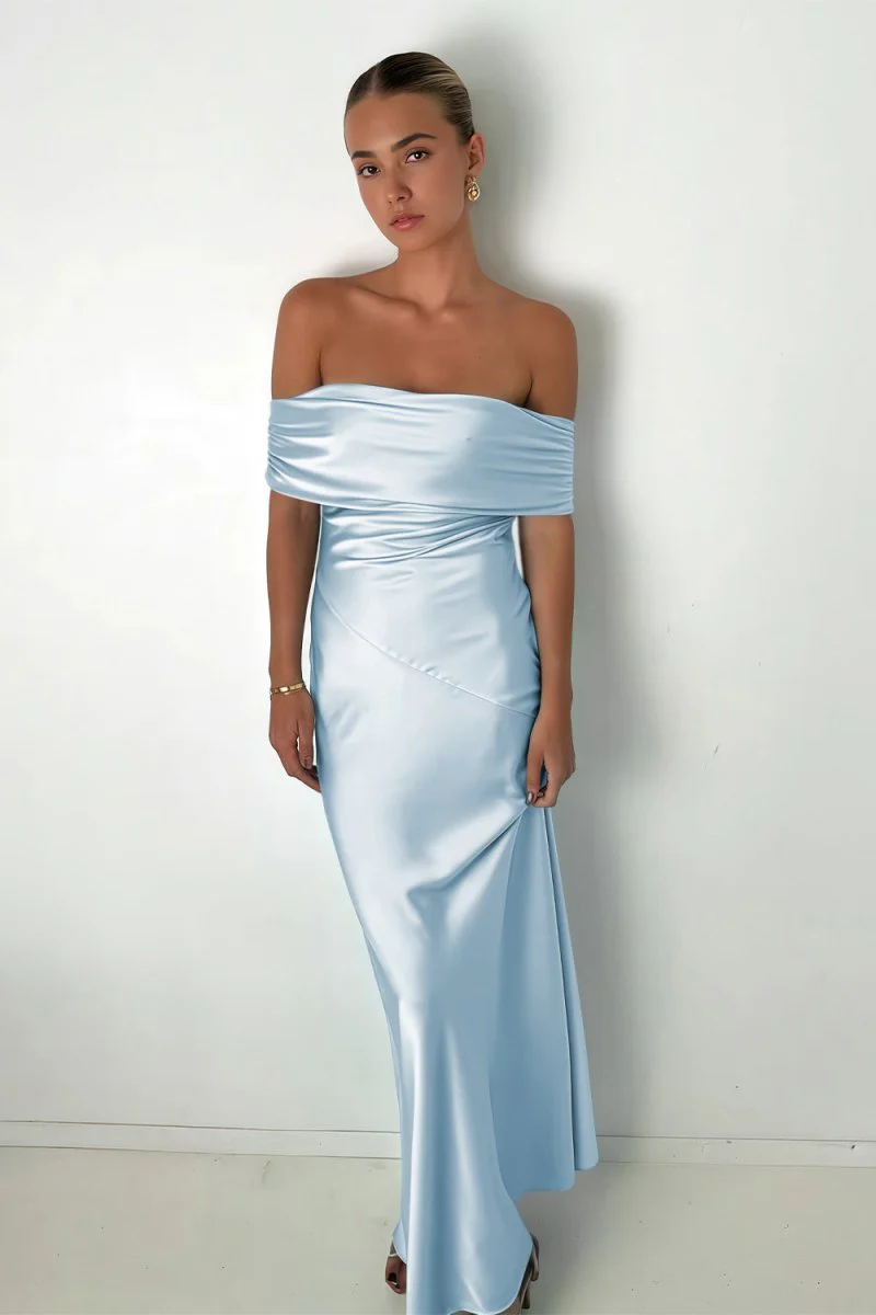 Aqua Sheath Off The Shoulder Satin Long Prom Dresses