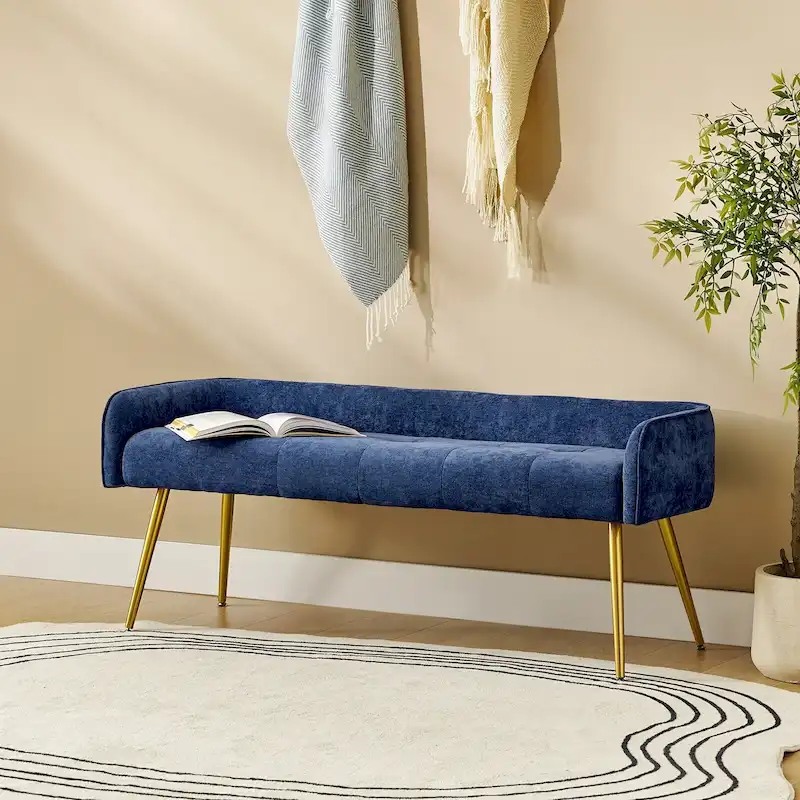 Luis Modern Upholstered Low Back Bench with Sturdy Golden Metal Tapered Leg by