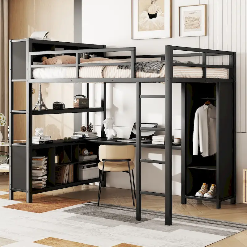 Full Metal Loft Bed with Wardrobe & Desk
