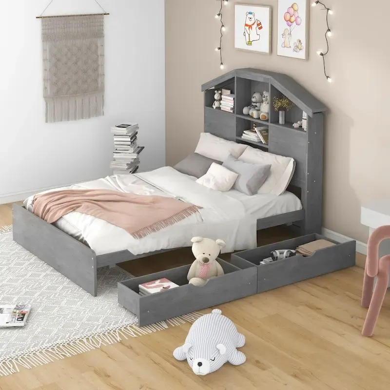 Grey / Walnut Full Size Platform Bed with House-Shaped Storage Headboard & 2 Drawers, 1-Person